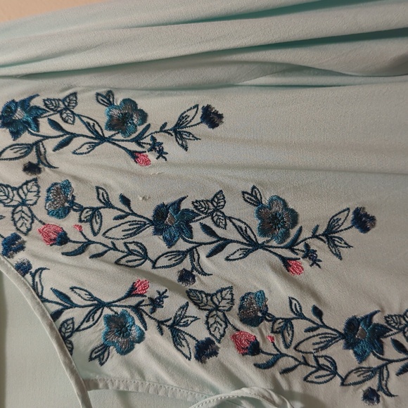 Lane Bryant Pink & Blue Blouse Embroidered Floral Tie Front Balloon Sleeve- 14 - Picture 14 of 14